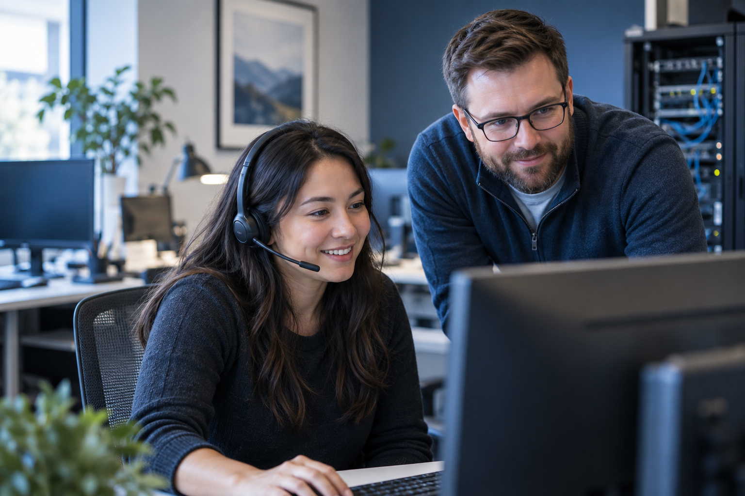 Friendly IT support professionals helping solve a technology issue
