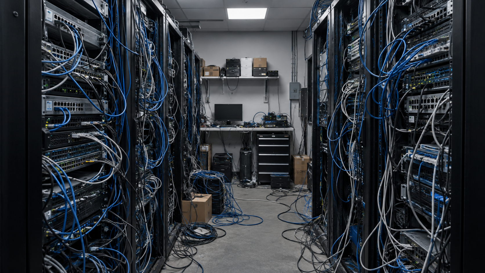 Disorganized server room before Haugen IT remediation